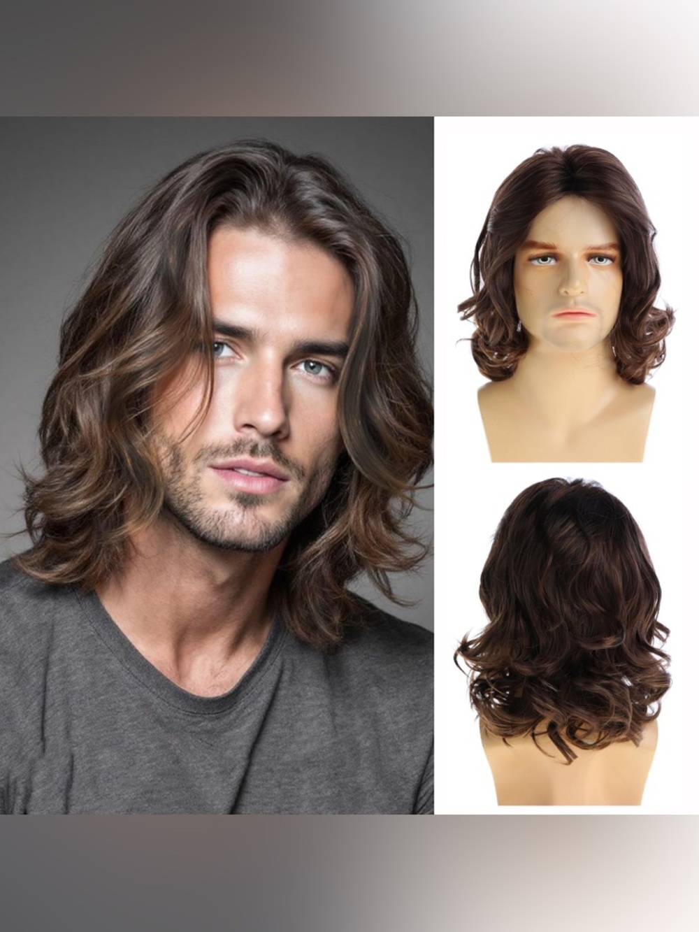 Men's Shoulder-Length Wavy Synthetic Wig - Dark Brown